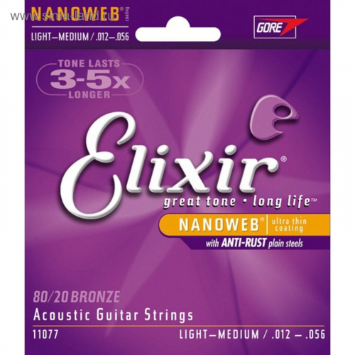 Струны для акустической гитары Elixir 11077 NanoWeb Light-Medium 12-56 бронза 80/20 #1 - фото 1